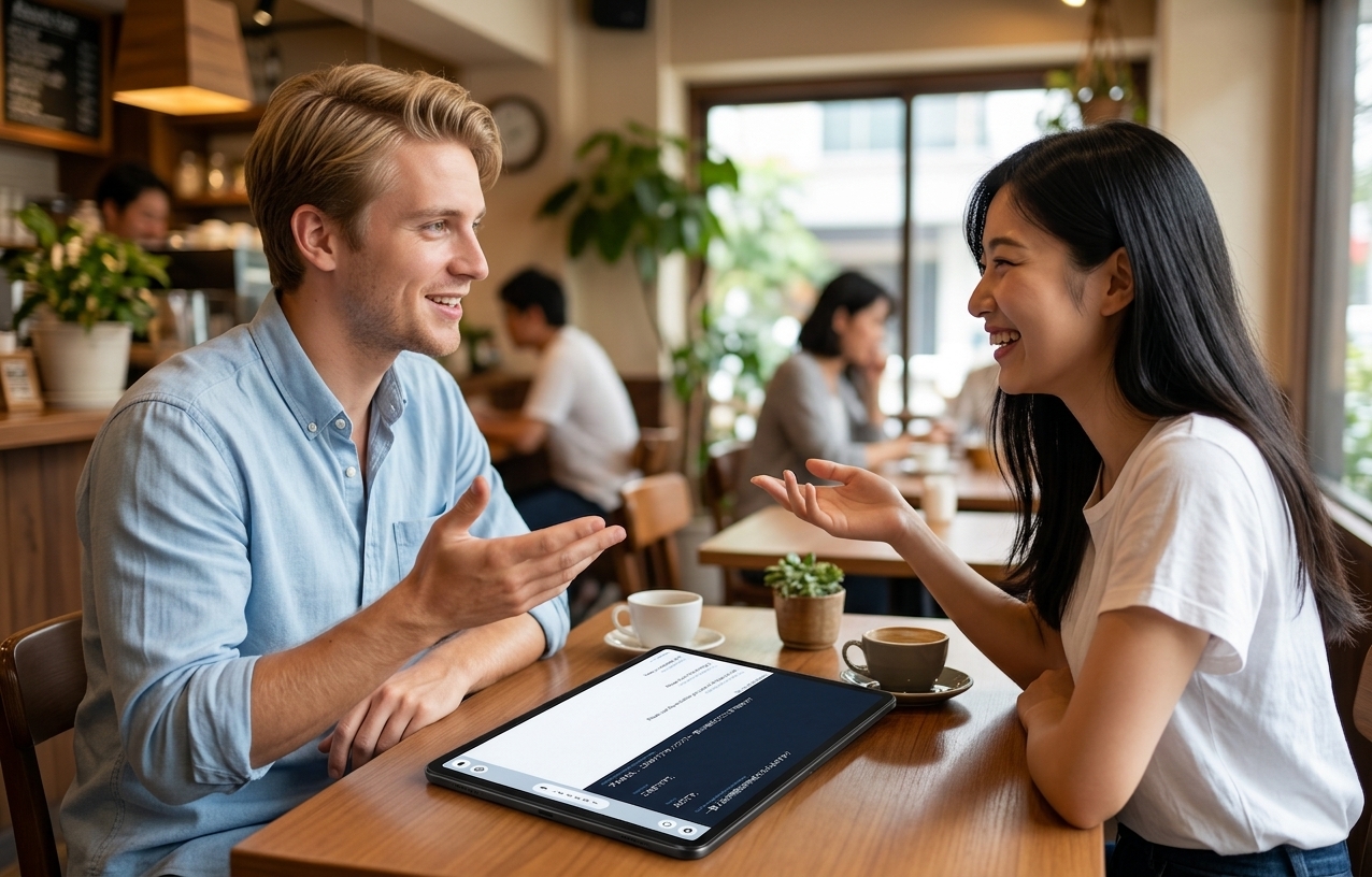 カフェで外国人客同士がCOMMDIAを囲んで会話している